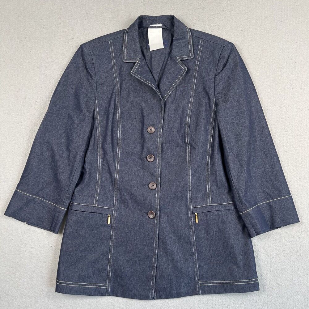 Basler Jeans Jacket Women’s 36 Blue Denim Button Front Long Sleeve Collared Coat